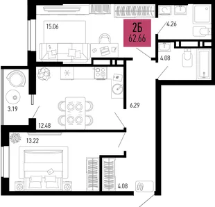 Планировка 2-комн. квартира, 62.66 м² ЖК «Столицыно»