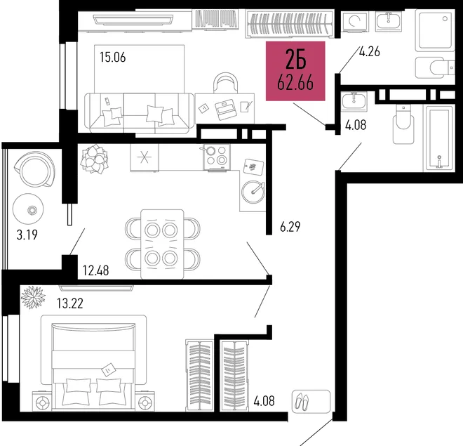 Планировка 2-комн. квартира, 62.66 м² ЖК «Столицыно» Планировка 2-комн. квартира, 62.66 м² ЖК «Столицыно»