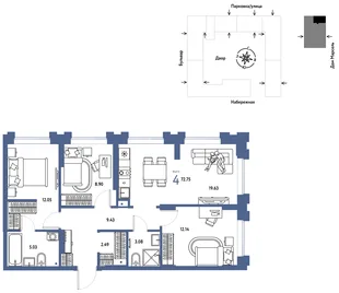 Планировка 4-комн. квартира, 72.75 м² ЖК «Европейский берег 2.0»