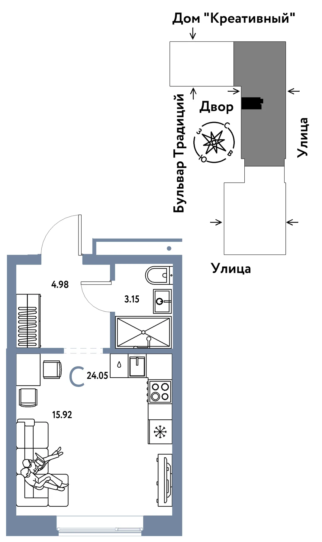 Планировка Студия, 24.05 м² ЖК «Микрорайон Домашний»