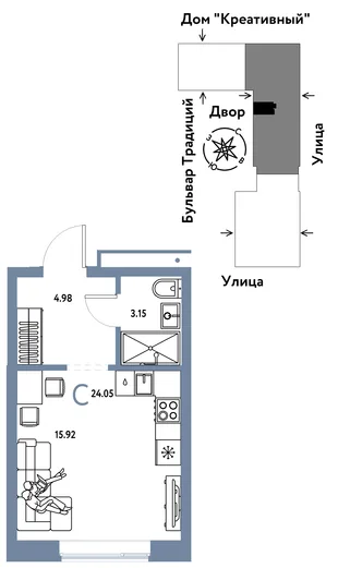 Планировка Студия, 24.05 м² ЖК «Микрорайон Домашний»