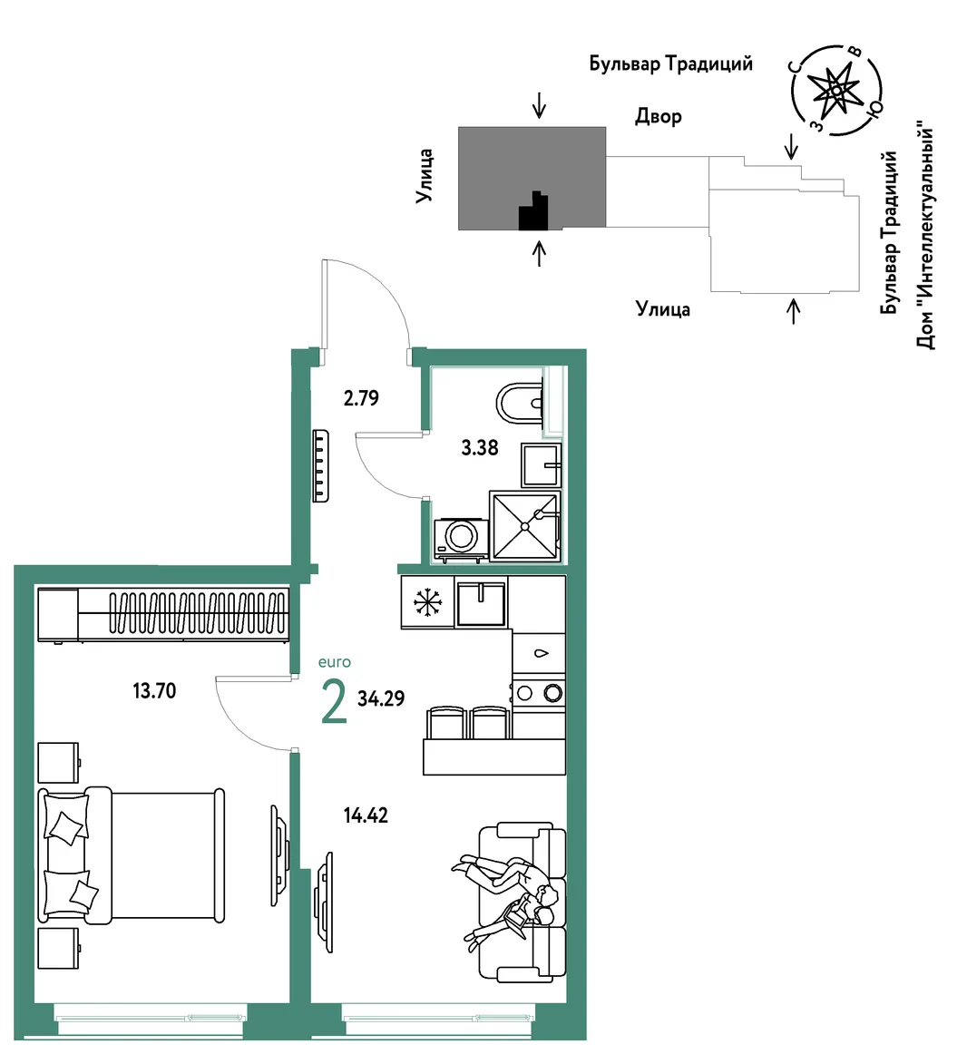 Планировка 2-комн. квартира, 34.29 м² ЖК «Микрорайон Домашний»