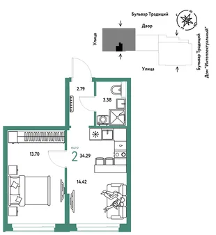 Планировка 2-комн. квартира, 34.29 м² ЖК «Микрорайон Домашний»