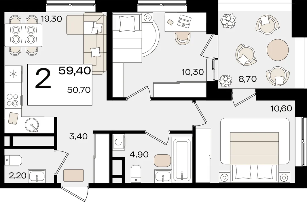 Планировка 2-комн. квартира, 59.4 м² ЖК «Патрики»