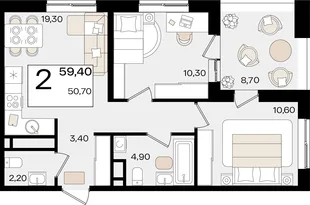 Планировка 2-комн. квартира, 59.4 м² ЖК «Патрики»