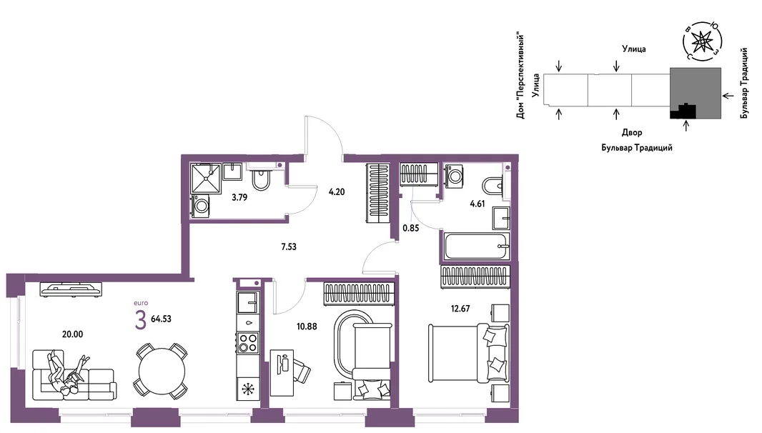 Планировка 3-комн. квартира, 64.64 м² ЖК «Микрорайон Домашний»