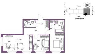 Планировка 3-комн. квартира, 64.64 м² ЖК «Микрорайон Домашний»