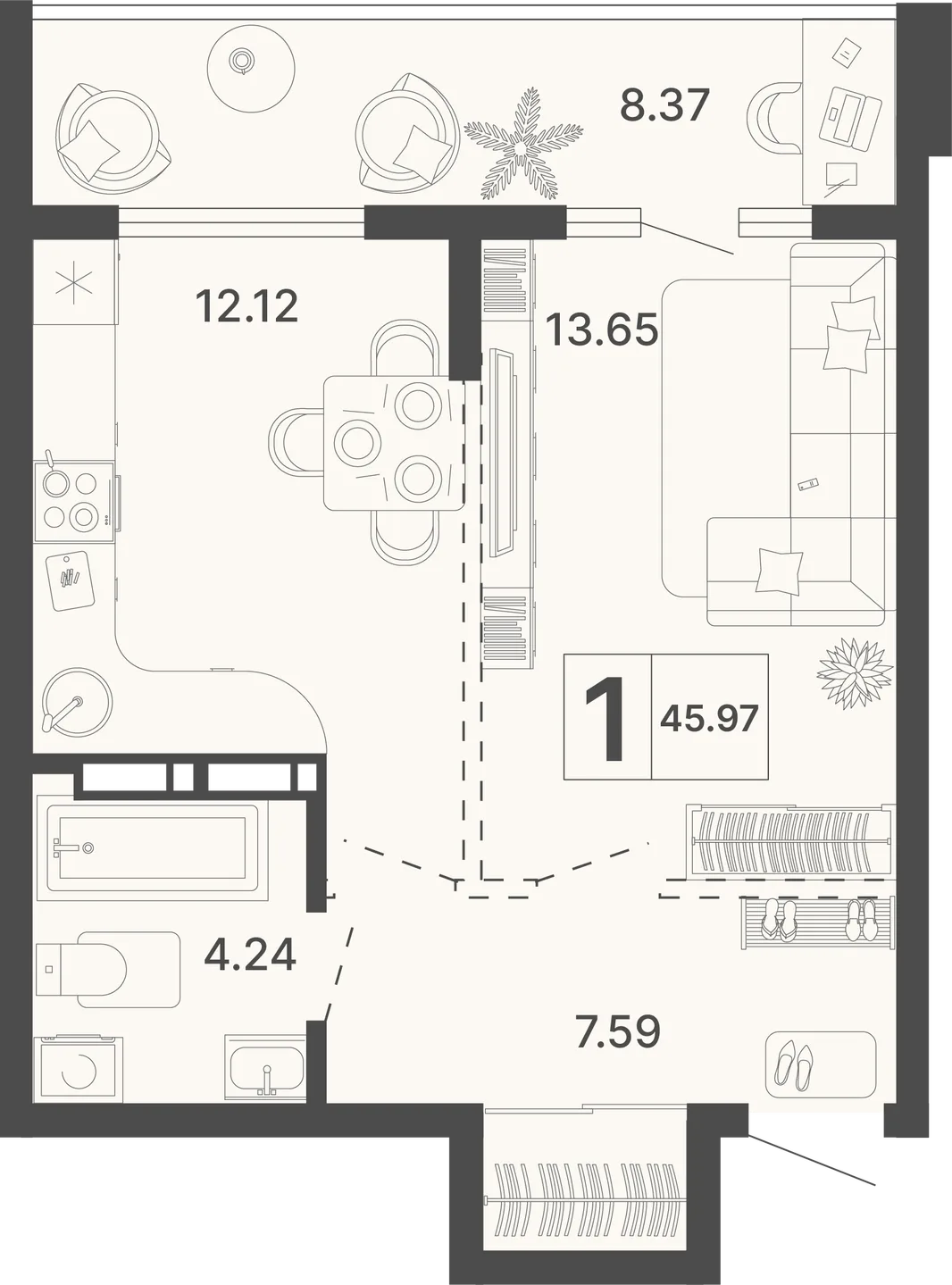 Планировка 1-комн. квартира, 45.97 м² ЖК «Светский лес»