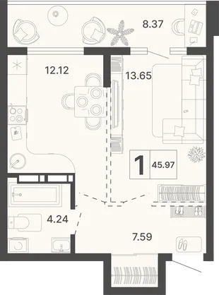 Планировка 1-комн. квартира, 45.97 м² ЖК «Светский лес»