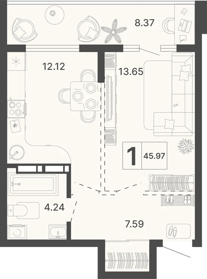 Планировка 1-комн. квартира, 45.97 м² ЖК «Светский лес» Планировка 1-комн. квартира, 45.97 м² ЖК «Светский лес»