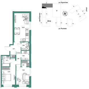 Планировка 2-комн. квартира, 67.85 м² ЖК «Остров-сад»