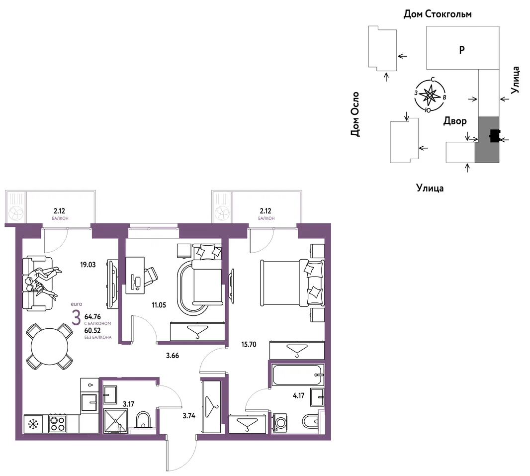 Планировка 3-комн. квартира, 64.76 м² ЖК «Европейский берег 2.0»