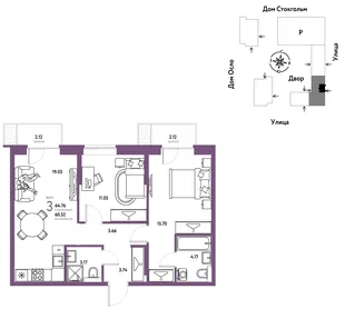 Планировка 3-комн. квартира, 64.76 м² ЖК «Европейский берег 2.0»