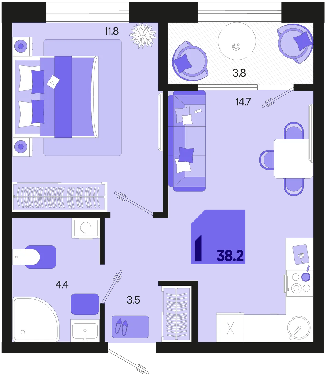 Планировка 1-комн. квартира, 38.2 м² ЖК «Первое место»