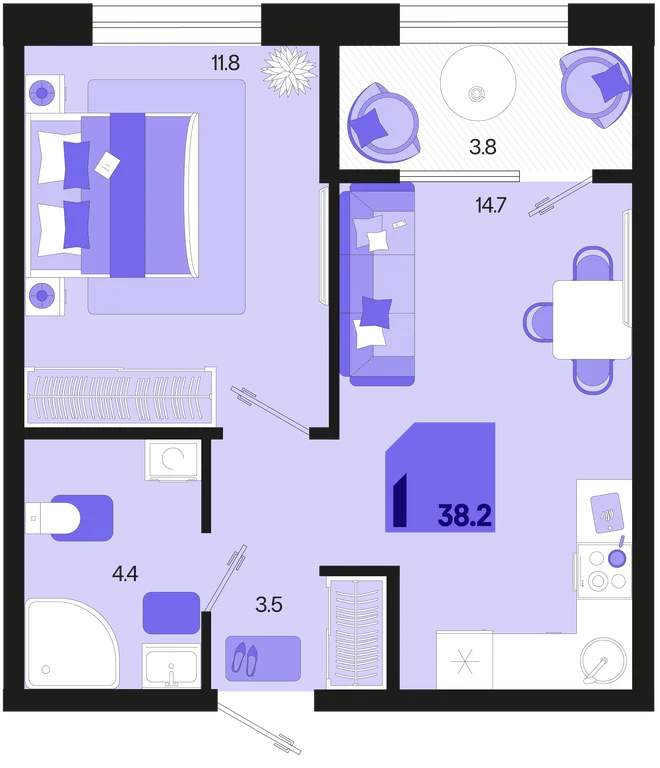 Планировка 1-комн. квартира, 38.2 м² ЖК «Первое место»