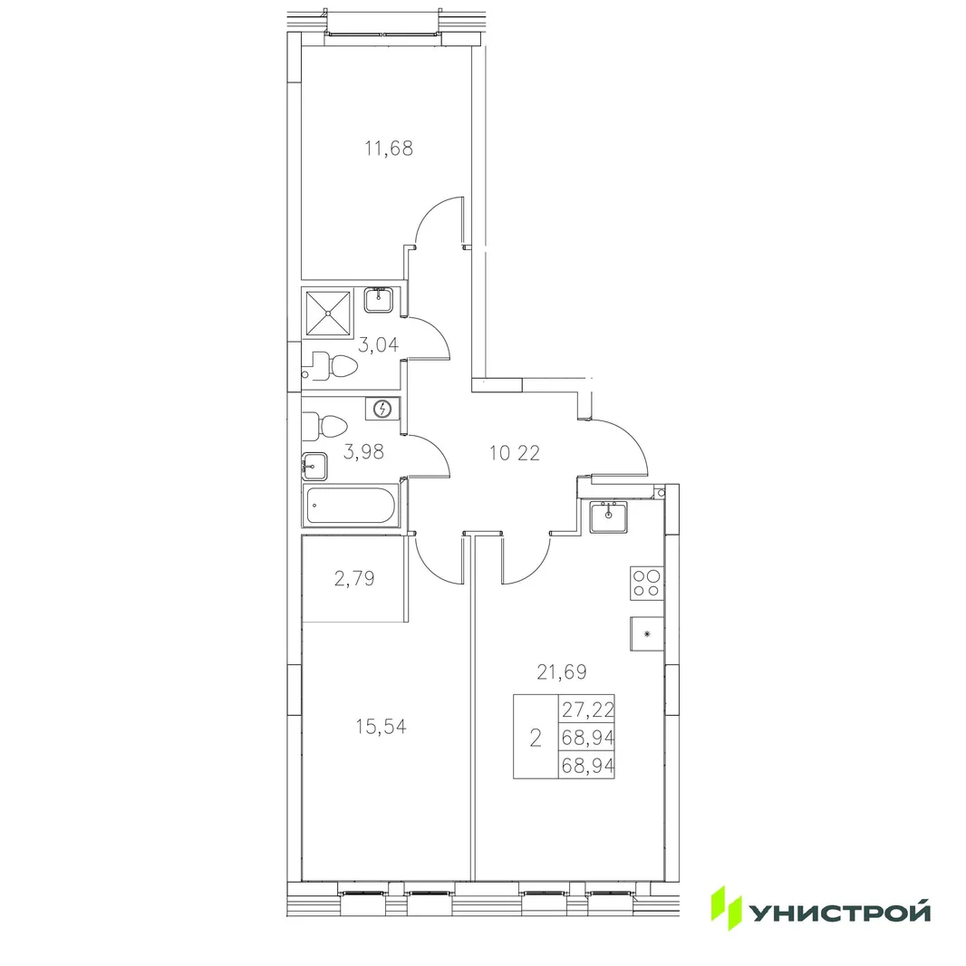 Планировка 2-комн. квартира, 68.94 м² ЖК «Statum»
