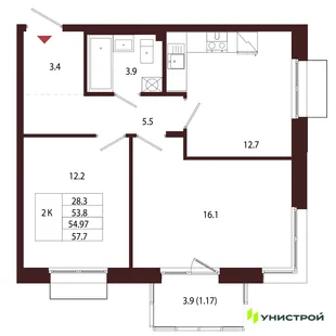 Планировка 2-комн. квартира, 54.97 м² ЖК «Лисино»