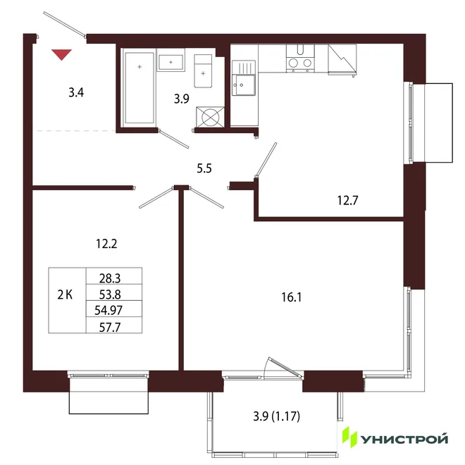 Планировка 2-комн. квартира, 54.97 м² ЖК «Лисино» Планировка 2-комн. квартира, 54.97 м² ЖК «Лисино»