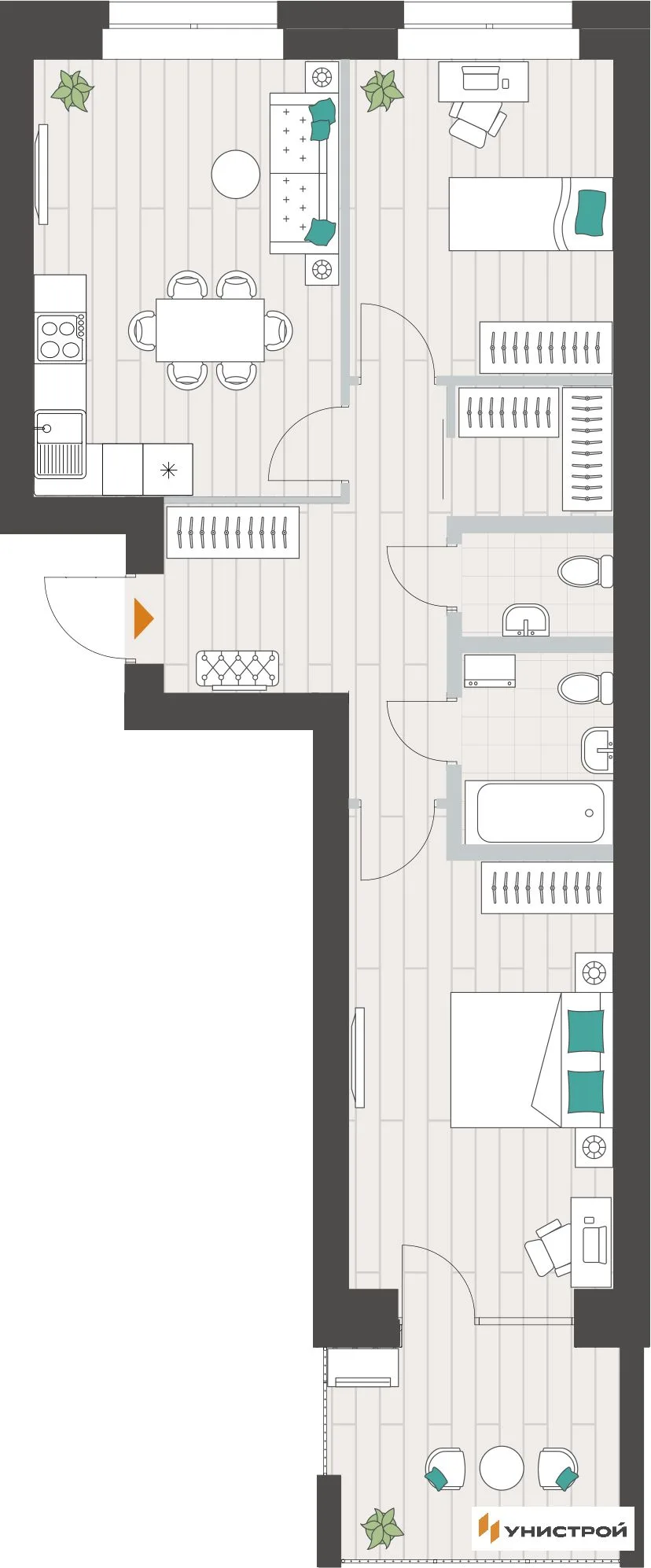 Планировка 2-комн. квартира, 63.95 м² ЖК «Аквамарин»