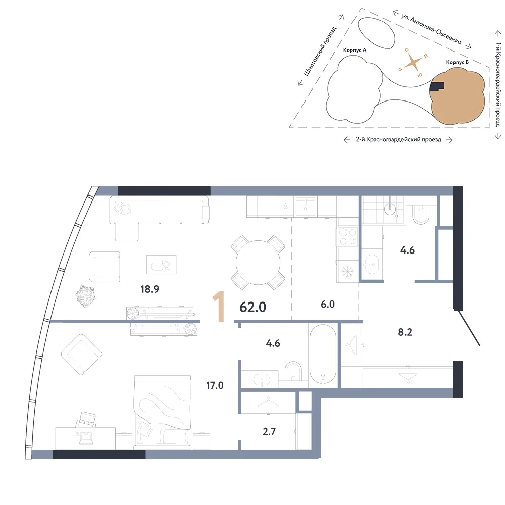 Планировка 1-комн. квартира, 62 м² ЖК «АУРУС Резиденции»