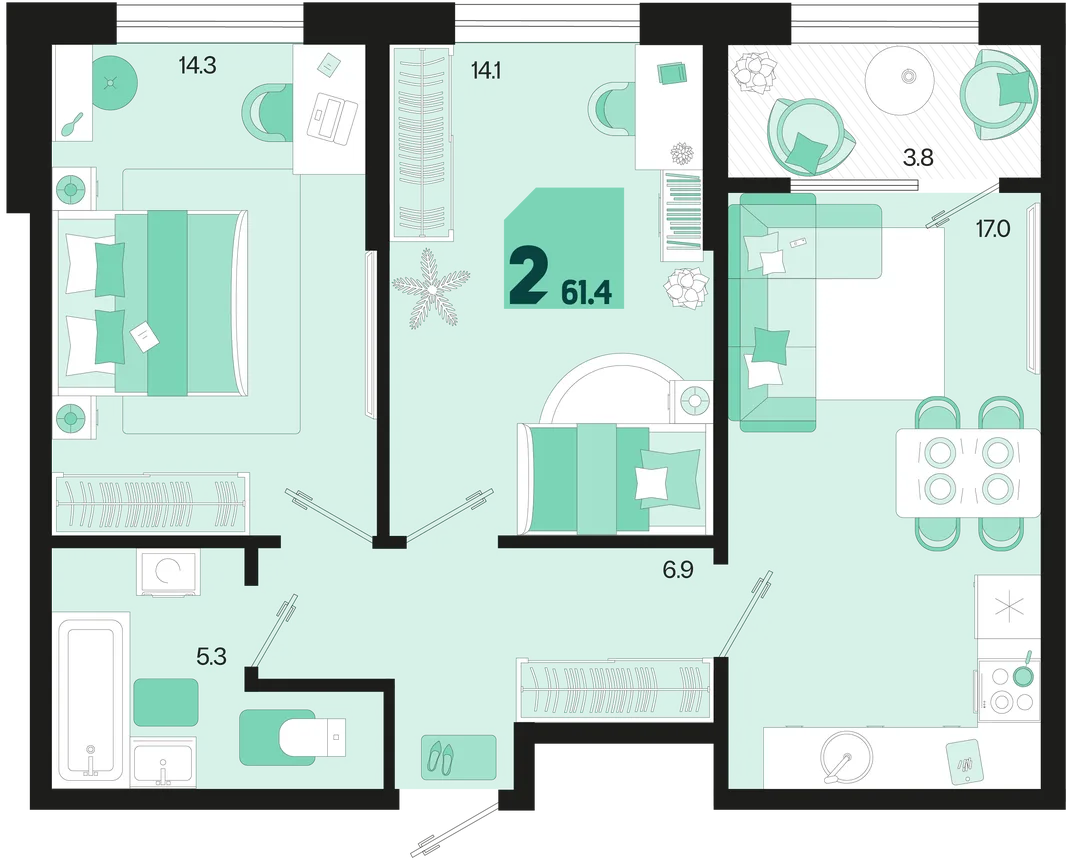 Планировка 2-комн. квартира, 61.4 м² ЖК «Первое место»