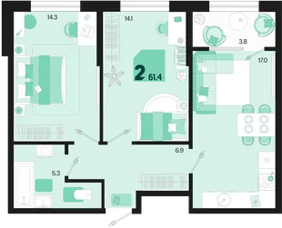 Планировка 2-комн. квартира, 61.4 м² ЖК «Первое место»