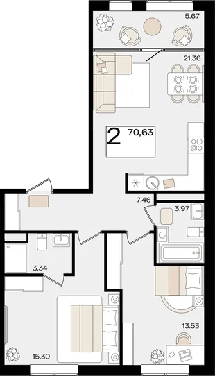 Планировка 2-комн. квартира, 70.51 м² ЖК «Патрики»