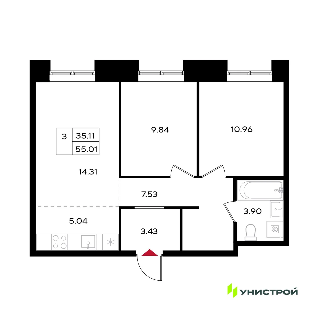 Планировка 3-комн. квартира, 55.01 м² ЖК «Уникум на Энгельса»
