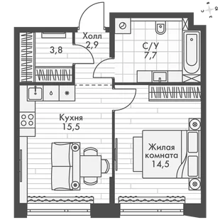 Квартира 1-комн. квартира, 44.4 м² ЖК «Фордевинд» Фото 1 Квартира 1-комн. квартира, 44.4 м² ЖК «Фордевинд» Фото 1