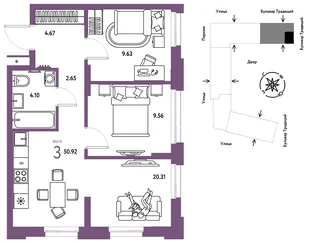 Планировка 3-комн. квартира, 50.92 м² ЖК «Микрорайон Домашний»