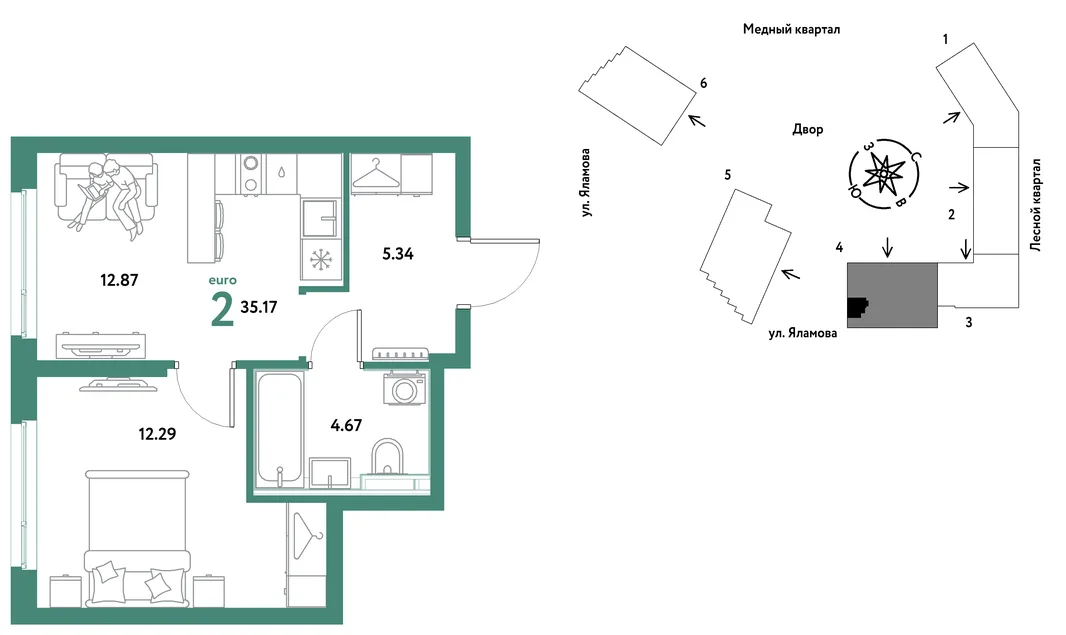 Планировка 2-комн. квартира, 35.17 м² ЖК «Сибирский сад»