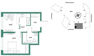Планировка 2-комн. квартира, 35.17 м² ЖК «Сибирский сад»