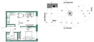 Планировка 2-комн. квартира, 38.54 м² ЖК «Остров-сад»