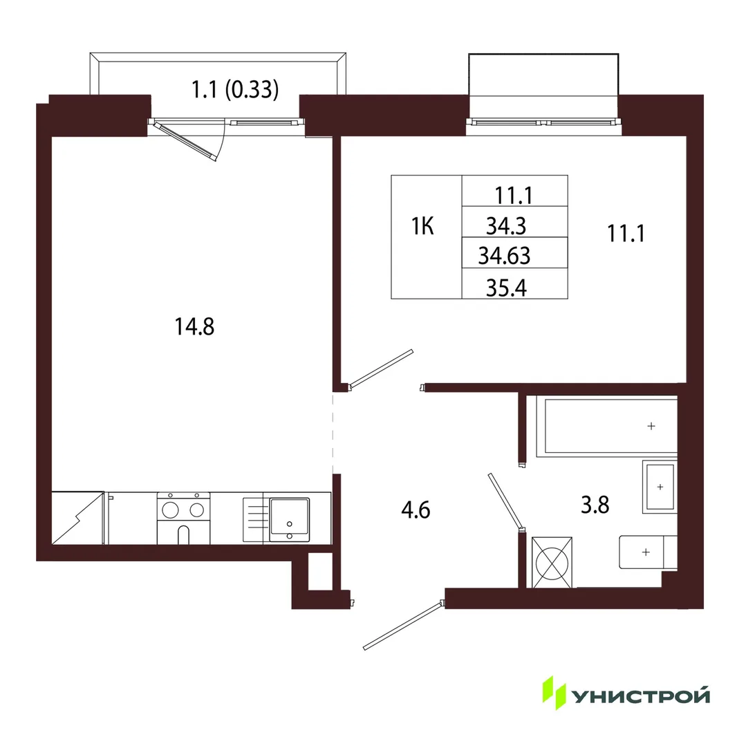 Планировка 1-комн. квартира, 34.63 м² ЖК «Лисино»