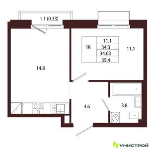 Планировка 1-комн. квартира, 34.63 м² ЖК «Лисино»