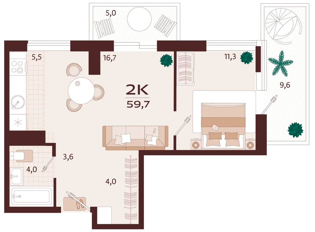 Планировка 2-комн. квартира, 59.7 м² ЖК «Роялта»