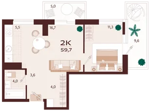 Планировка 2-комн. квартира, 59.7 м² ЖК «Роялта»