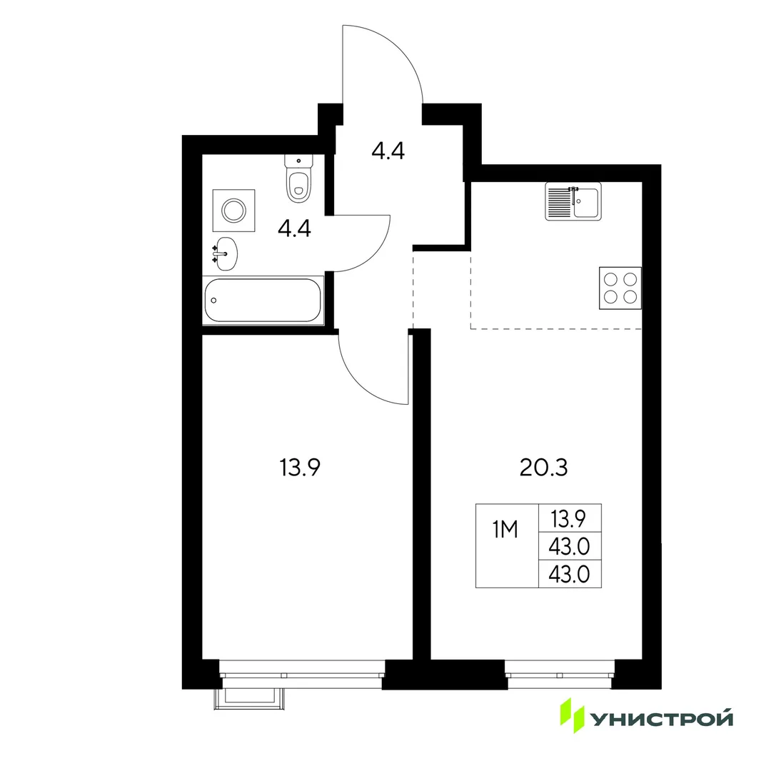 Планировка 1-комн. квартира, 43 м² ЖК «Стадиум»