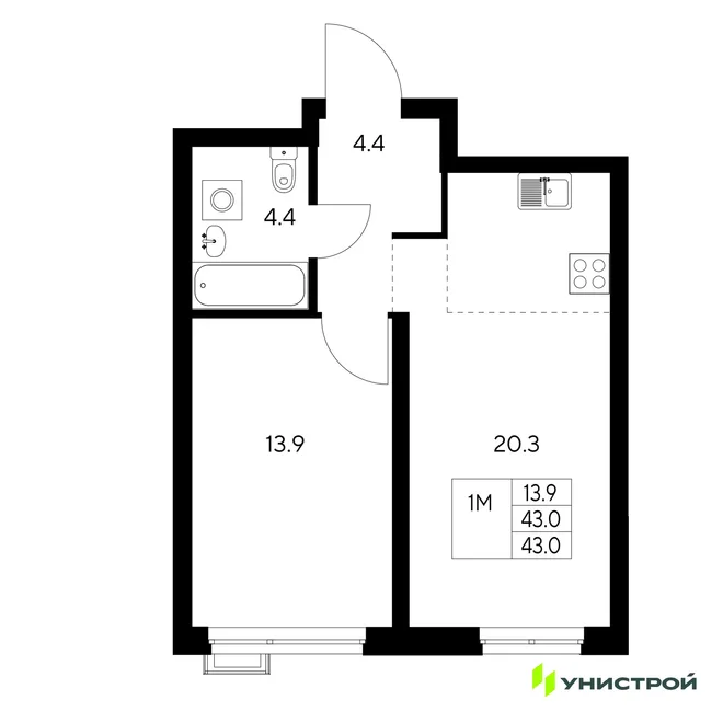 Планировка 1-комн. квартира, 43 м² ЖК «Стадиум» Планировка 1-комн. квартира, 43 м² ЖК «Стадиум»