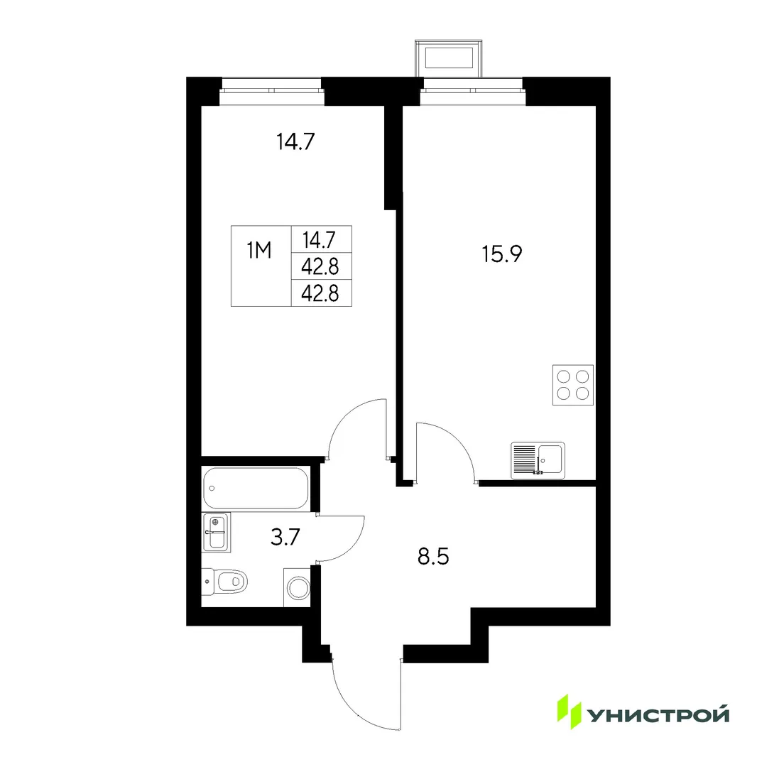 Планировка 1-комн. квартира, 42.8 м² ЖК «Стадиум»