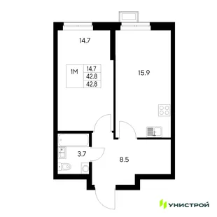 Планировка 1-комн. квартира, 42.8 м² ЖК «Стадиум»