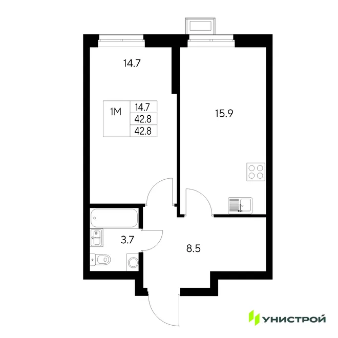 Планировка 1-комн. квартира, 42.8 м² ЖК «Стадиум» Планировка 1-комн. квартира, 42.8 м² ЖК «Стадиум»