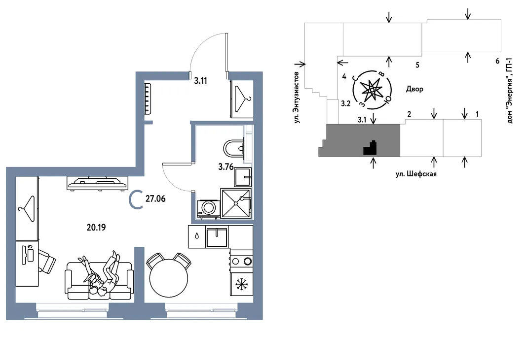 Планировка Студия, 27.06 м² ЖК «Страна.Энтузиастов»