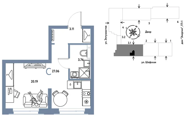 Планировка Студия, 27.06 м² ЖК «Страна.Энтузиастов» Планировка Студия, 27.06 м² ЖК «Страна.Энтузиастов»
