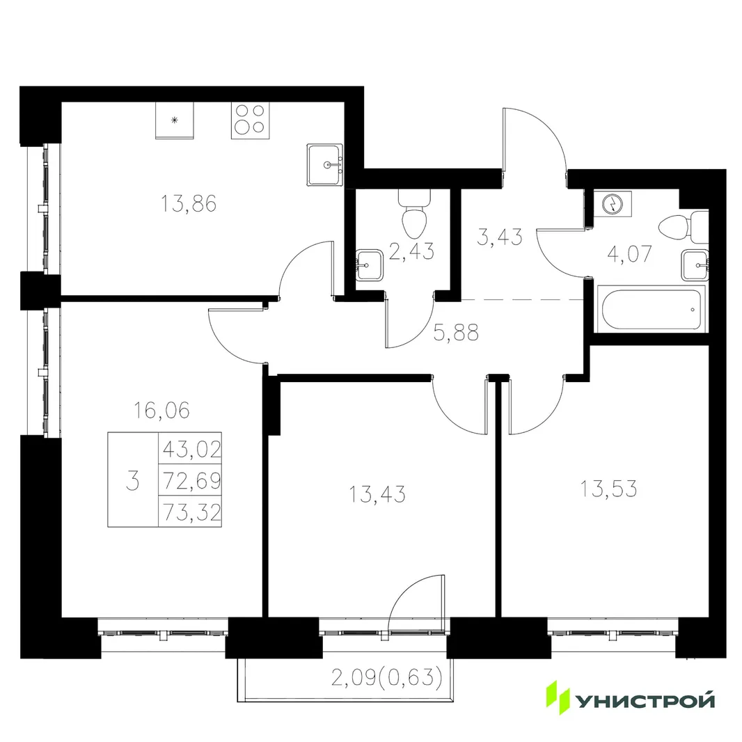 Планировка 3-комн. квартира, 73.32 м² ЖК «Statum»