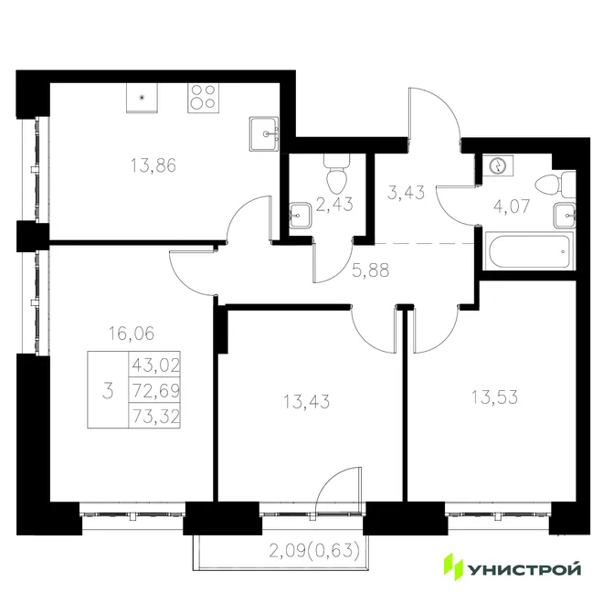 Планировка 3-комн. квартира, 73.32 м² ЖК «Statum» Планировка 3-комн. квартира, 73.32 м² ЖК «Statum»