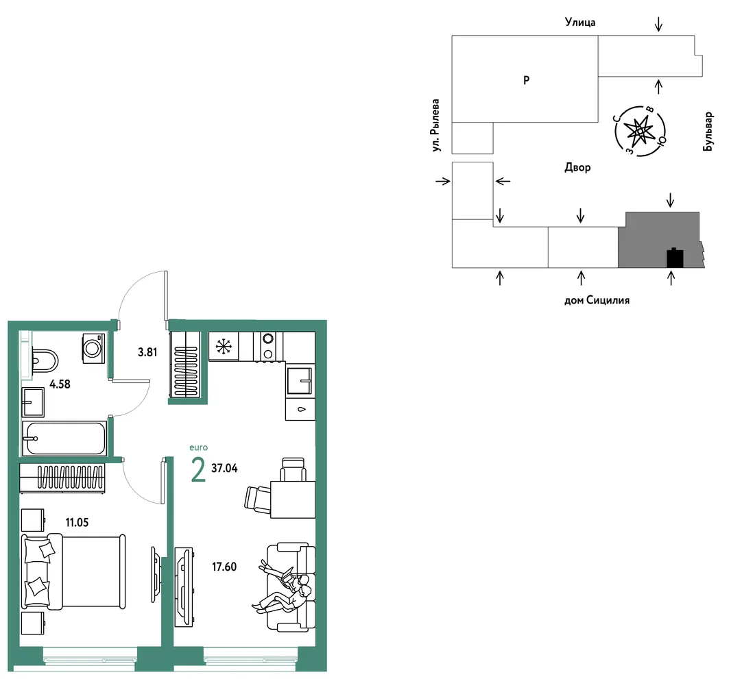Планировка 2-комн. квартира, 37.04 м² ЖК «Остров-сад»