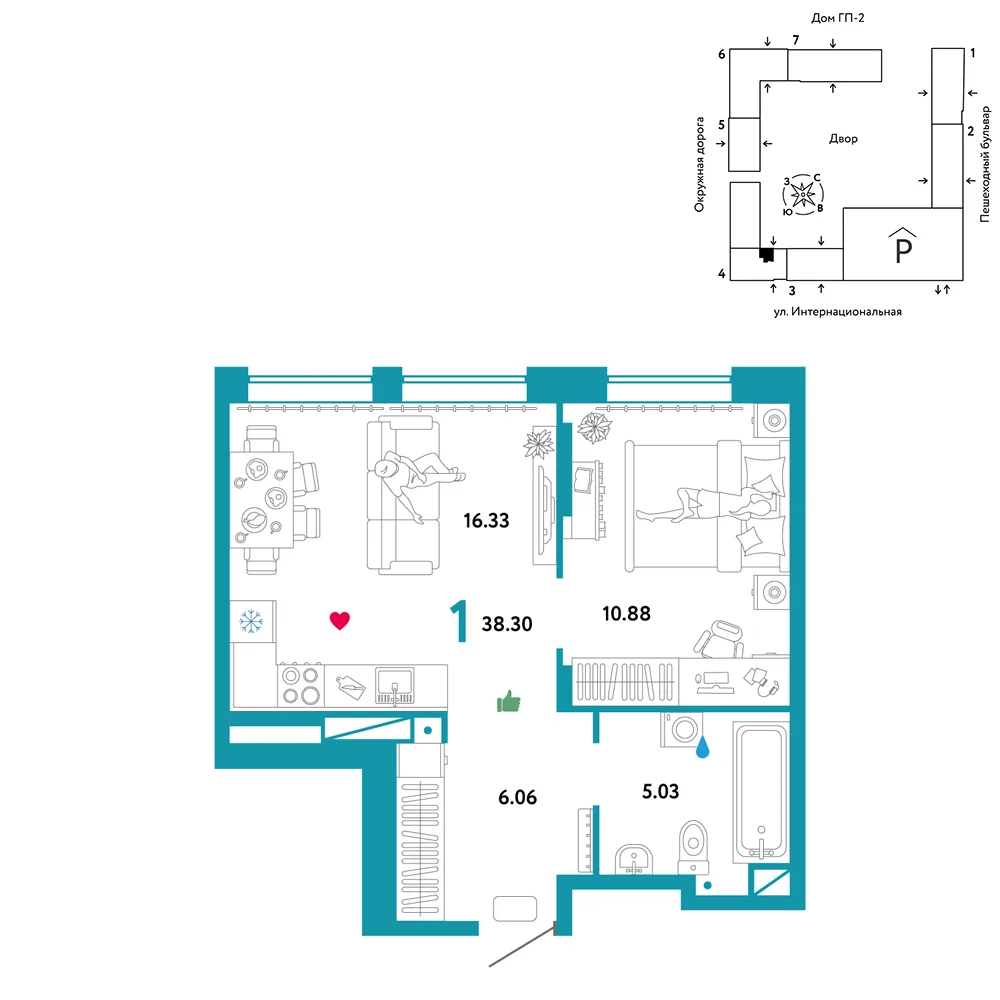 Планировка 1-комн. квартира, 38.3 м² ЖК «Юнион»