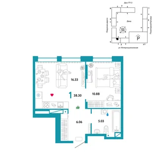 Планировка 1-комн. квартира, 38.3 м² ЖК «Юнион»