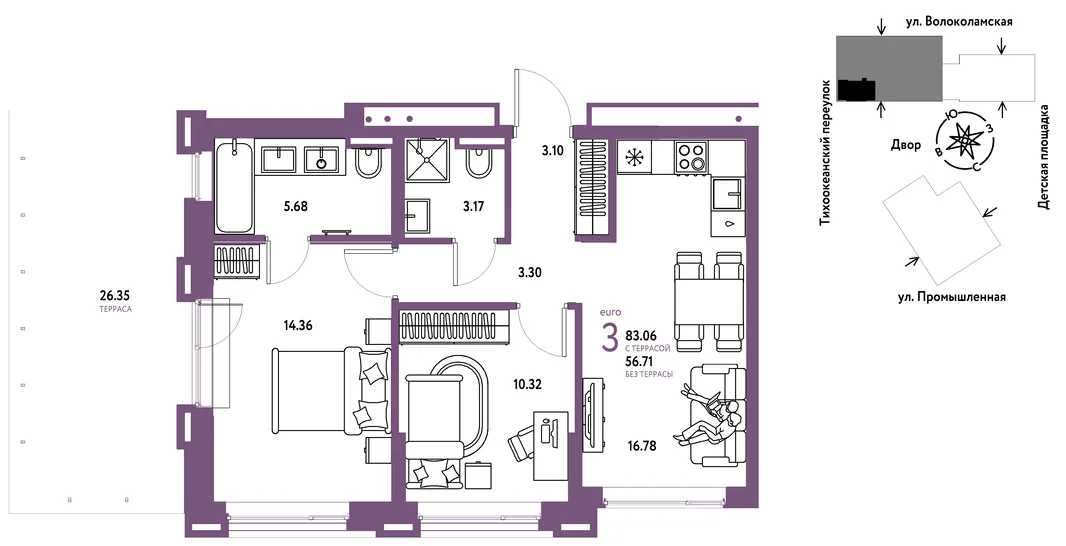 Планировка 3-комн. квартира, 83.06 м² ЖК «Страна Прибрежная»